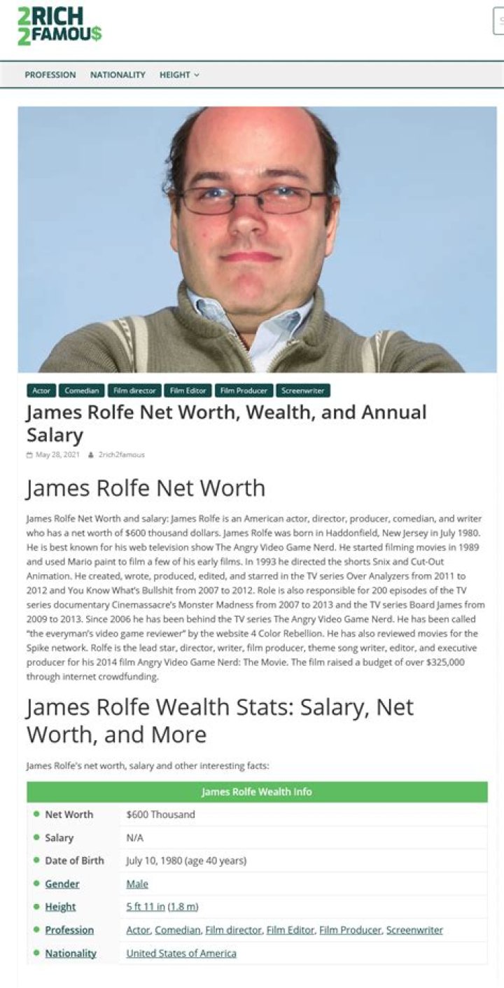 How To Calculate James Rolfe Wife Net Worth